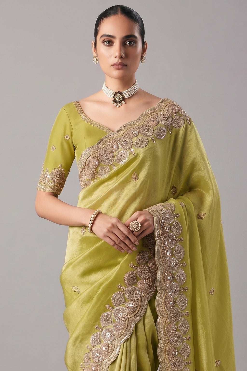Green Tissue Saree with Sequin and Embroidered Border - red saree embroidered