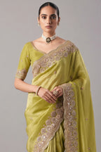 Green Tissue Saree with Sequin and Embroidered Border - red saree embroidered