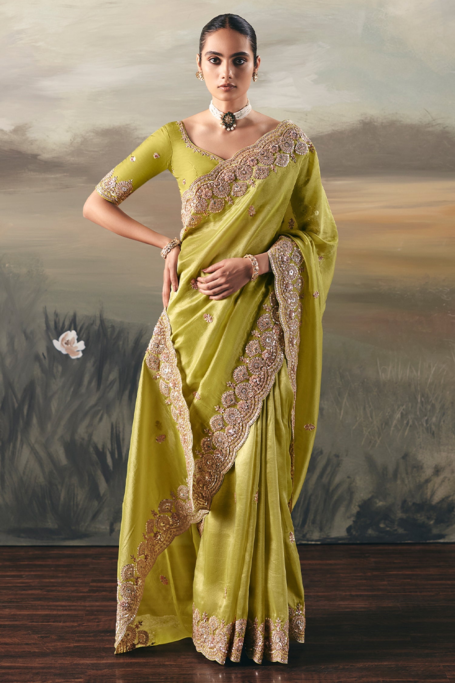 Green Tissue Saree with Sequin and Embroidered Border - red saree embroidered