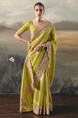 Green Tissue Saree with Sequin and Embroidered Border - red saree embroidered