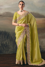 Green Tissue Saree with Sequin and Embroidered Border - red saree embroidered
