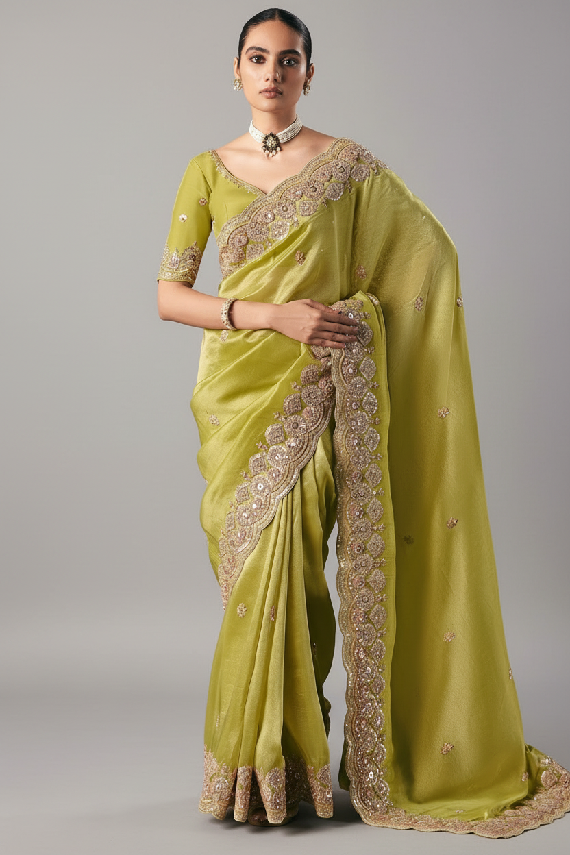 Green Tissue Saree with Sequin and Embroidered Border - red saree embroidered Main image