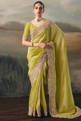 Green Tissue Saree with Sequin and Embroidered Border - red saree embroidered