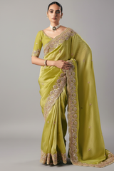 Green Tissue Saree with Sequin and Embroidered Border - red saree embroidered
