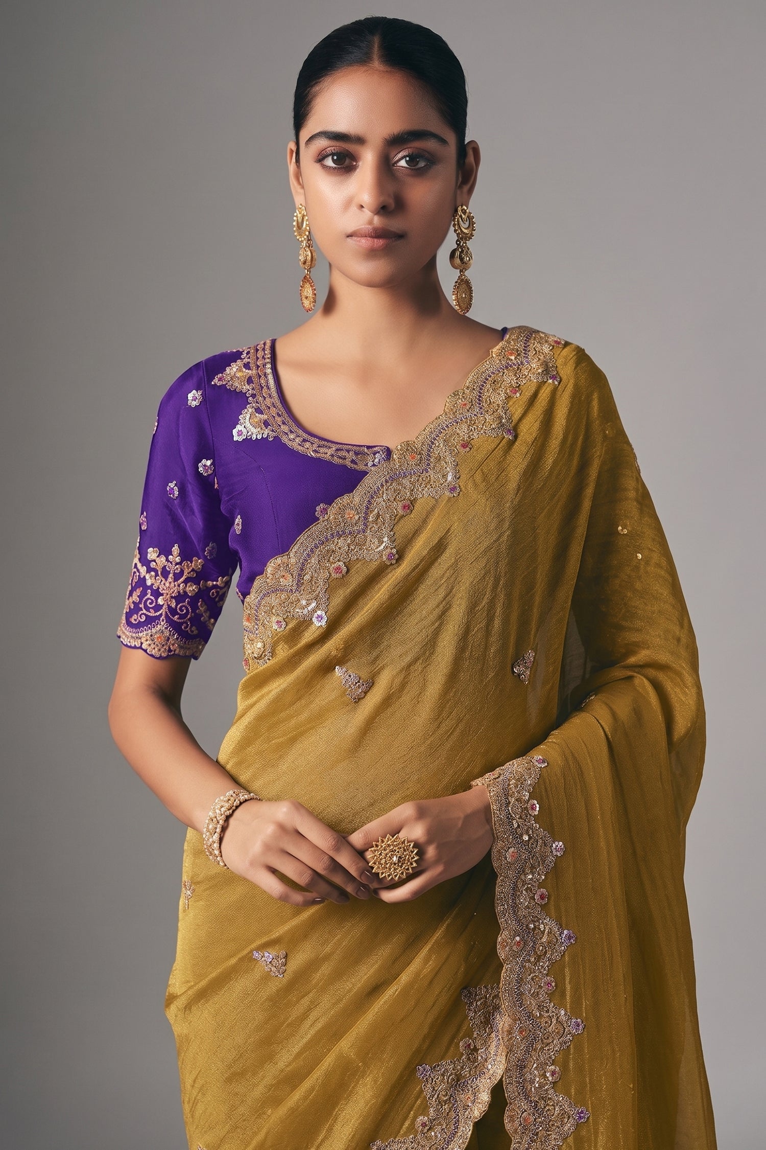 Mustard Tissue Saree with Sequin and Embroidered Border - red saree embroidered