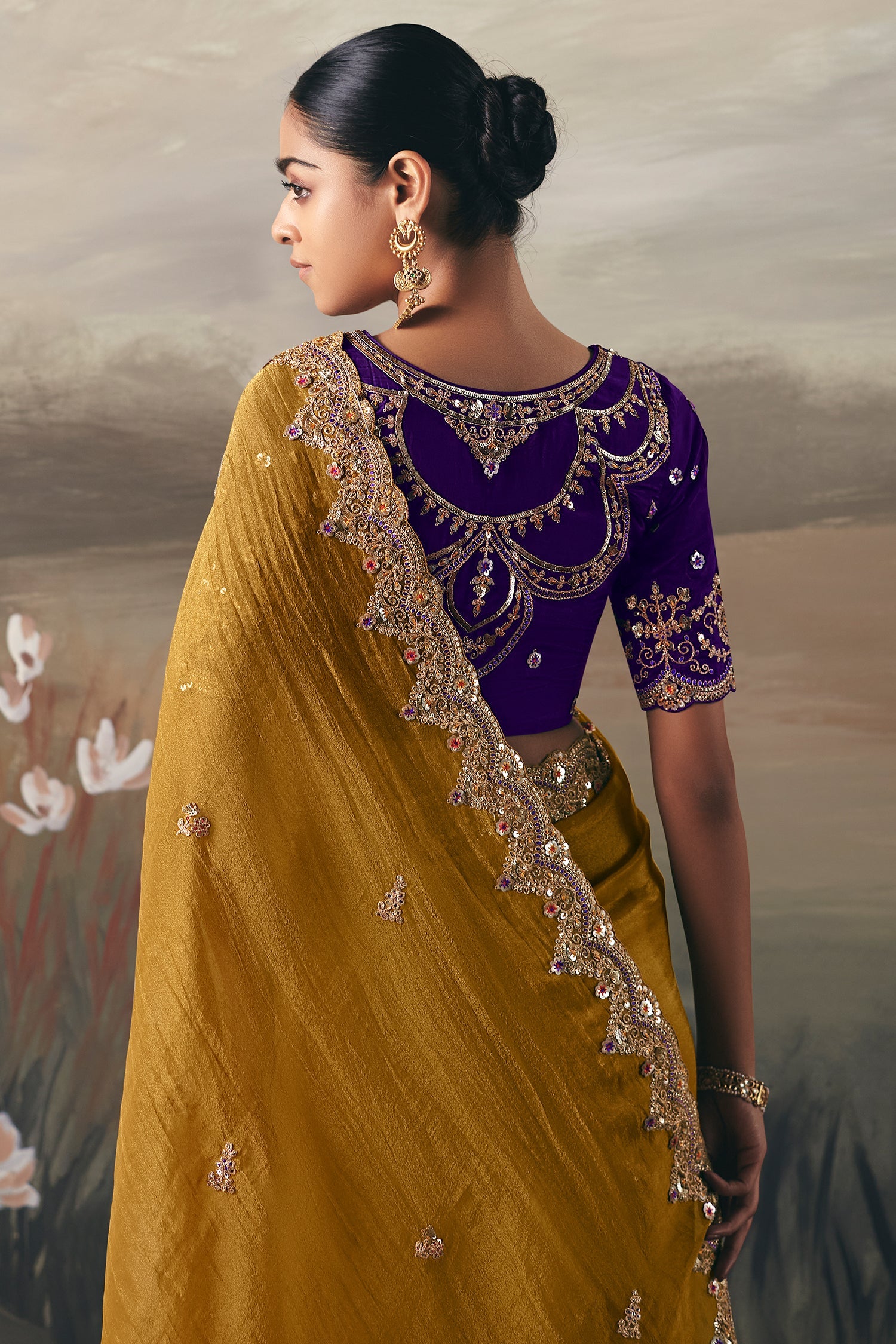 Mustard Tissue Saree with Sequin and Embroidered Border - red saree embroidered