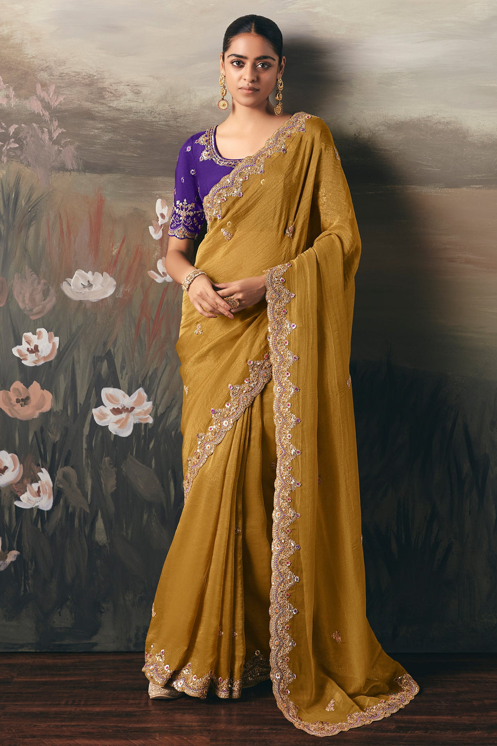 Mustard Tissue Saree with Sequin and Embroidered Border - red saree embroidered