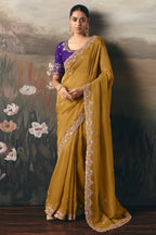 Mustard Tissue Saree with Sequin and Embroidered Border - red saree embroidered