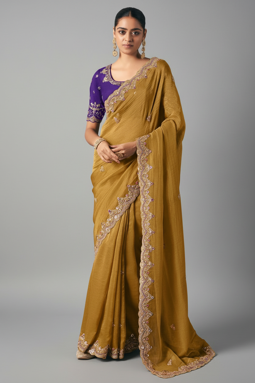Mustard Tissue Saree with Sequin and Embroidered Border - red saree embroidered Main image