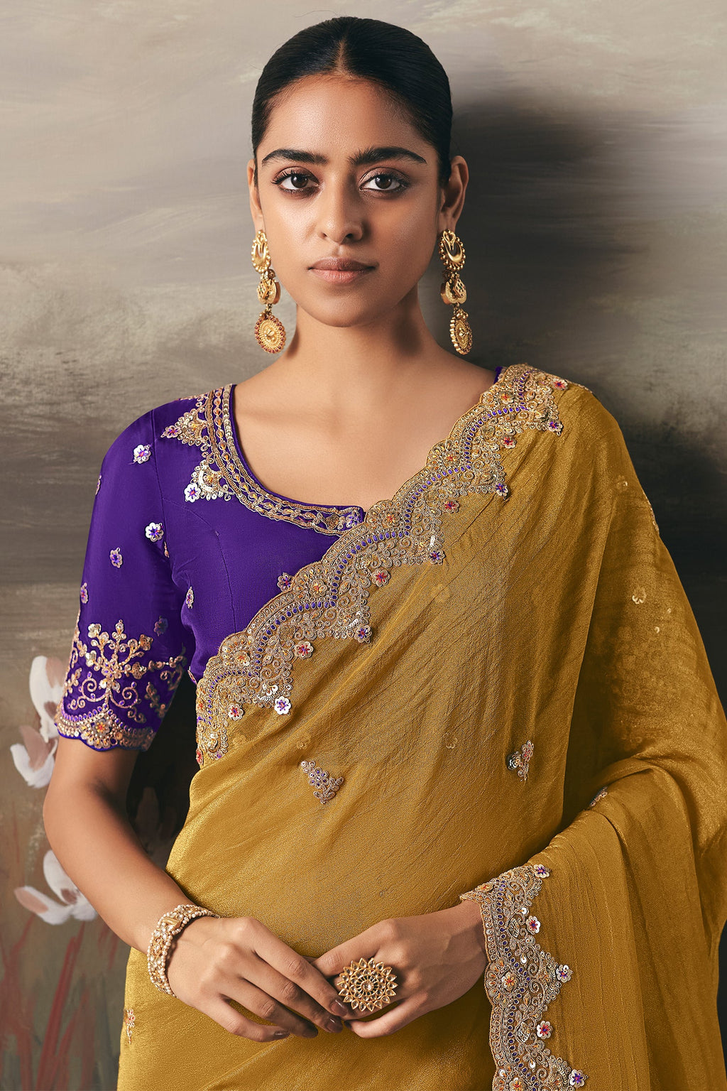 Mustard Tissue Saree with Sequin and Embroidered Border - red saree embroidered
