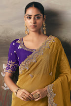 Mustard Tissue Saree with Sequin and Embroidered Border - red saree embroidered