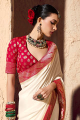 Off White and Red Crepe Georgette Saree with Woven Border and Pallu