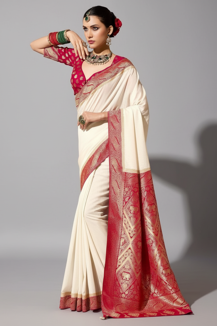 Off White and Red Crepe Georgette Saree with Woven Border and Pallu