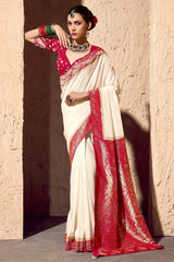 Off White and Red Crepe Georgette Saree with Woven Border and Pallu