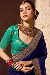 Dark Blue Crepe Georgette Saree with Woven Border and Pallu