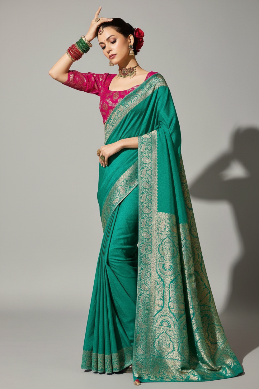 Sea Green Crepe Georgette Saree with Woven Border and Pallu