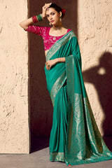 Sea Green Crepe Georgette Saree with Woven Border and Pallu