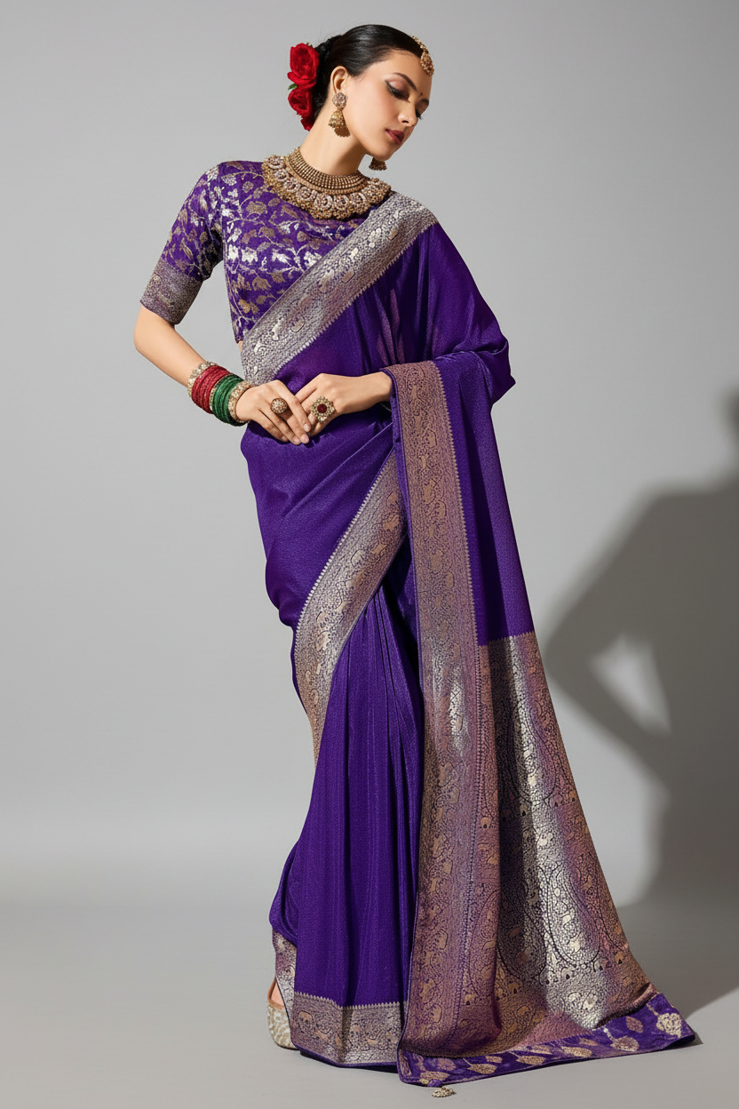Purple Crepe Georgette Saree with Woven Border and Pallu