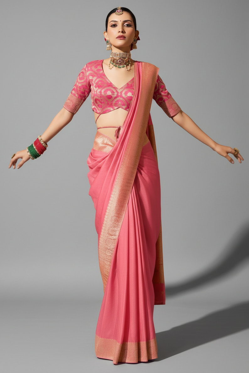 Light Pink Crepe Georgette Saree with Woven Border and Pallu