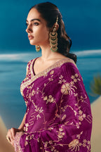 Purple Tissue Organza Saree with Sequin Beaded Motif - purple organza saree