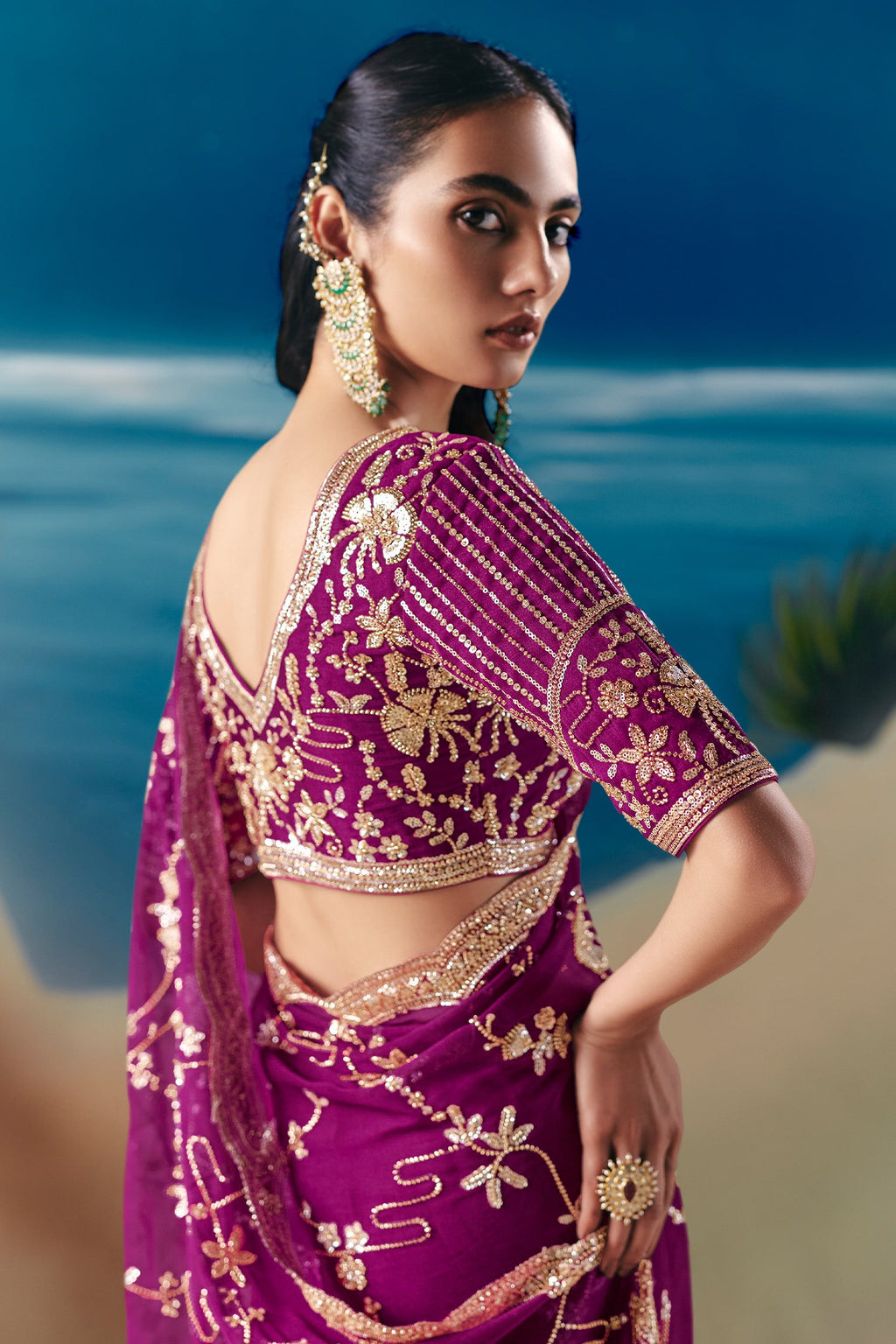 Purple Tissue Organza Saree with Sequin Beaded Motif - purple organza saree