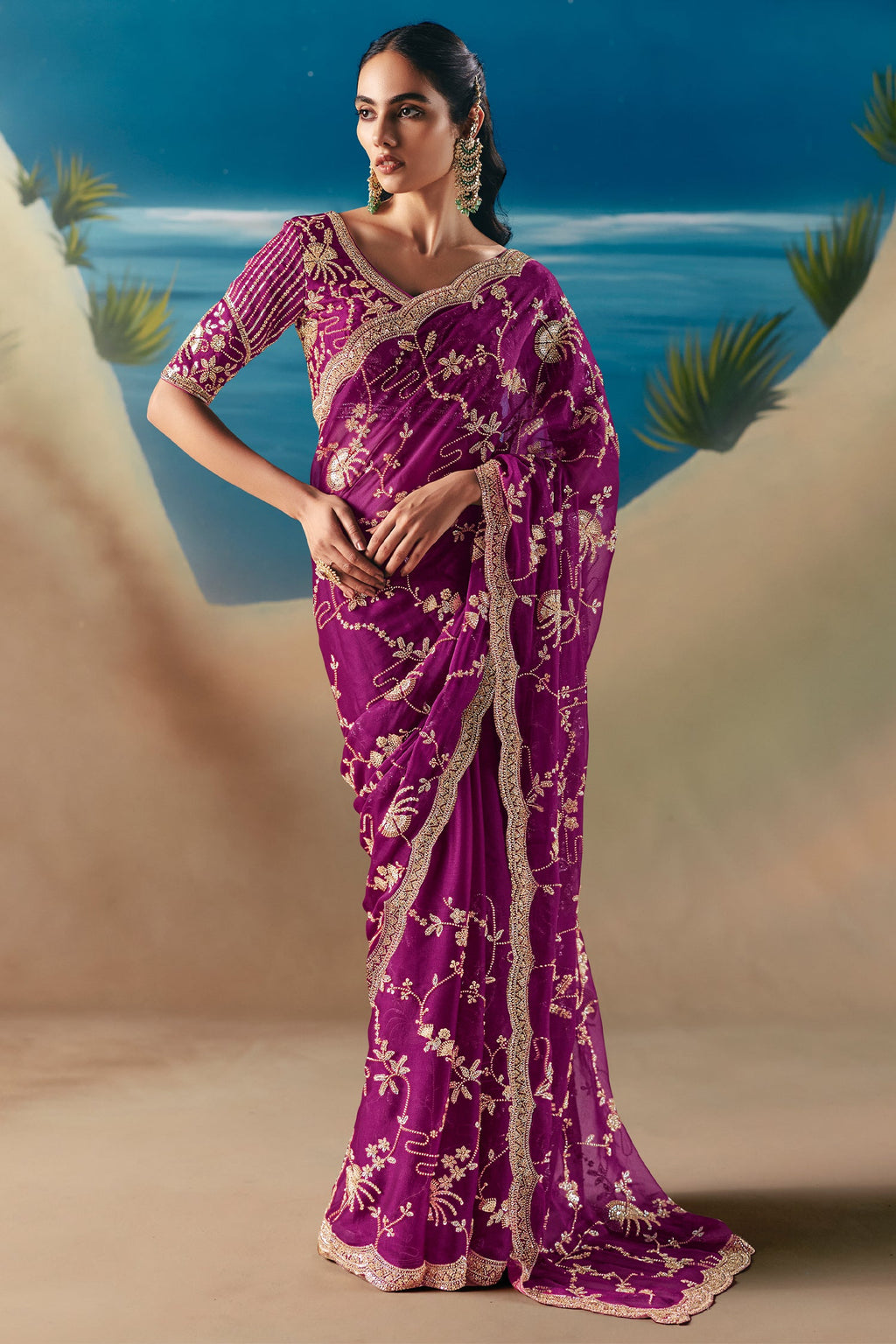 Purple Tissue Organza Saree with Sequin Beaded Motif - purple organza saree
