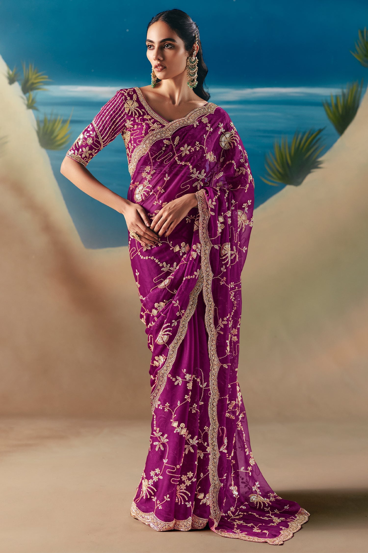 Purple Tissue Organza Saree with Sequin Beaded Motif - purple organza saree