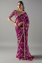 Purple Tissue Organza Saree with Sequin Beaded Motif - purple organza saree