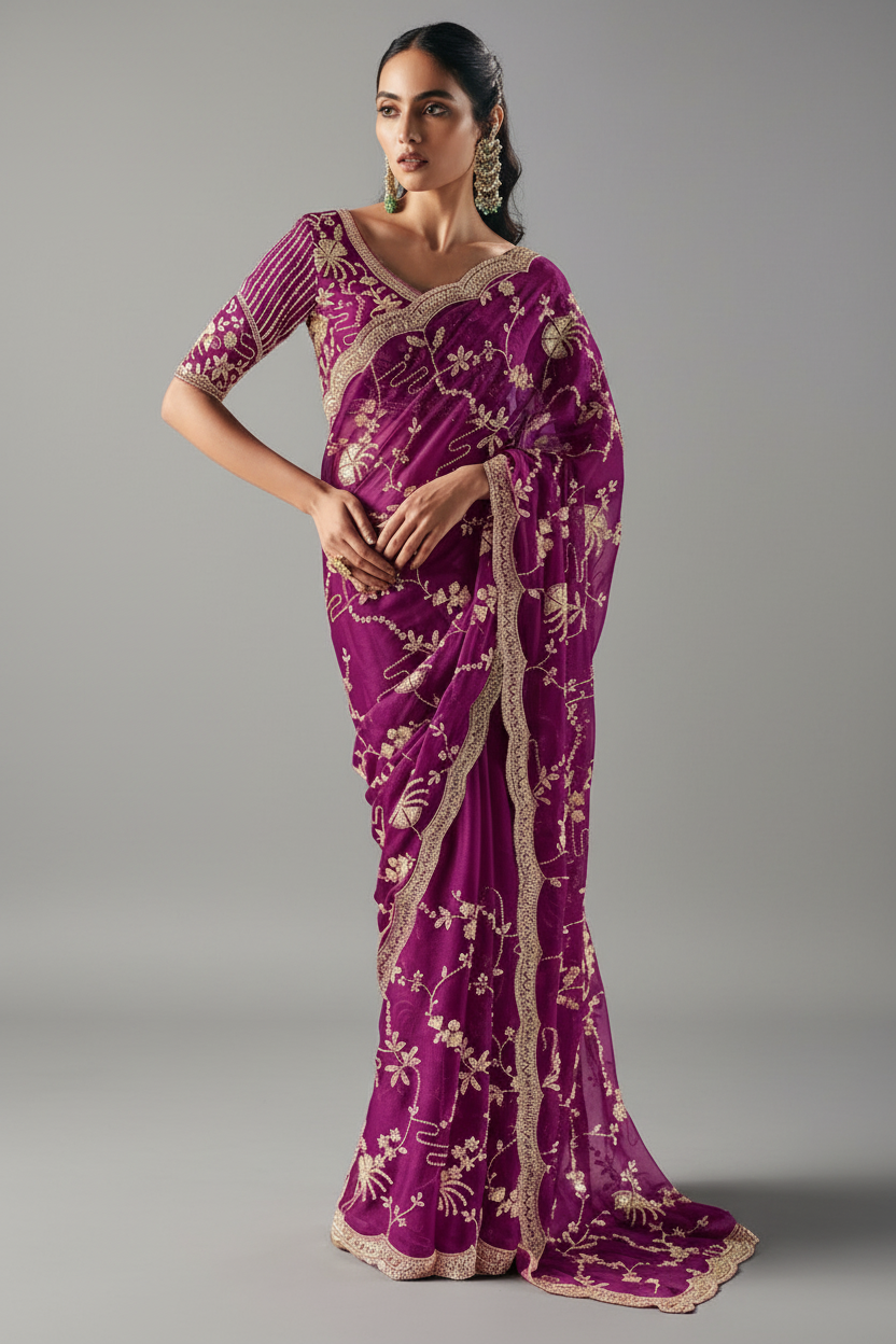 Purple Tissue Organza Saree with Sequin Beaded Motif - purple organza saree