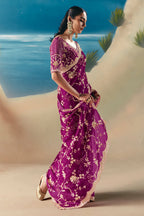 Purple Tissue Organza Saree with Sequin Beaded Motif - purple organza saree