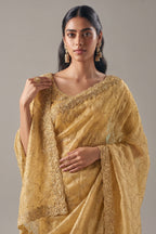 Golden Organza Tissue Saree with Sequin Beaded Motif - gold organza saree