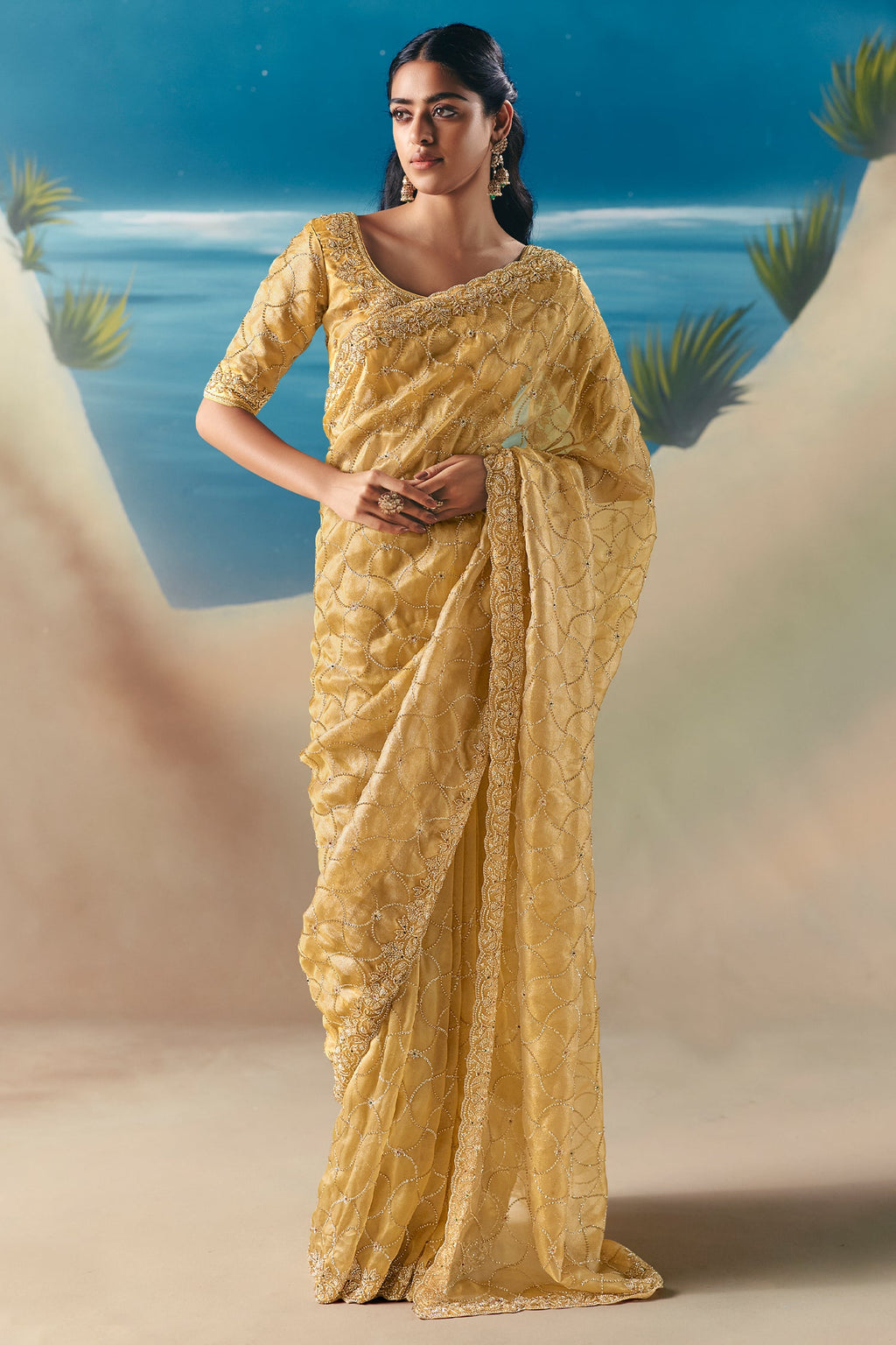 Golden Organza Tissue Saree with Sequin Beaded Motif - gold organza saree