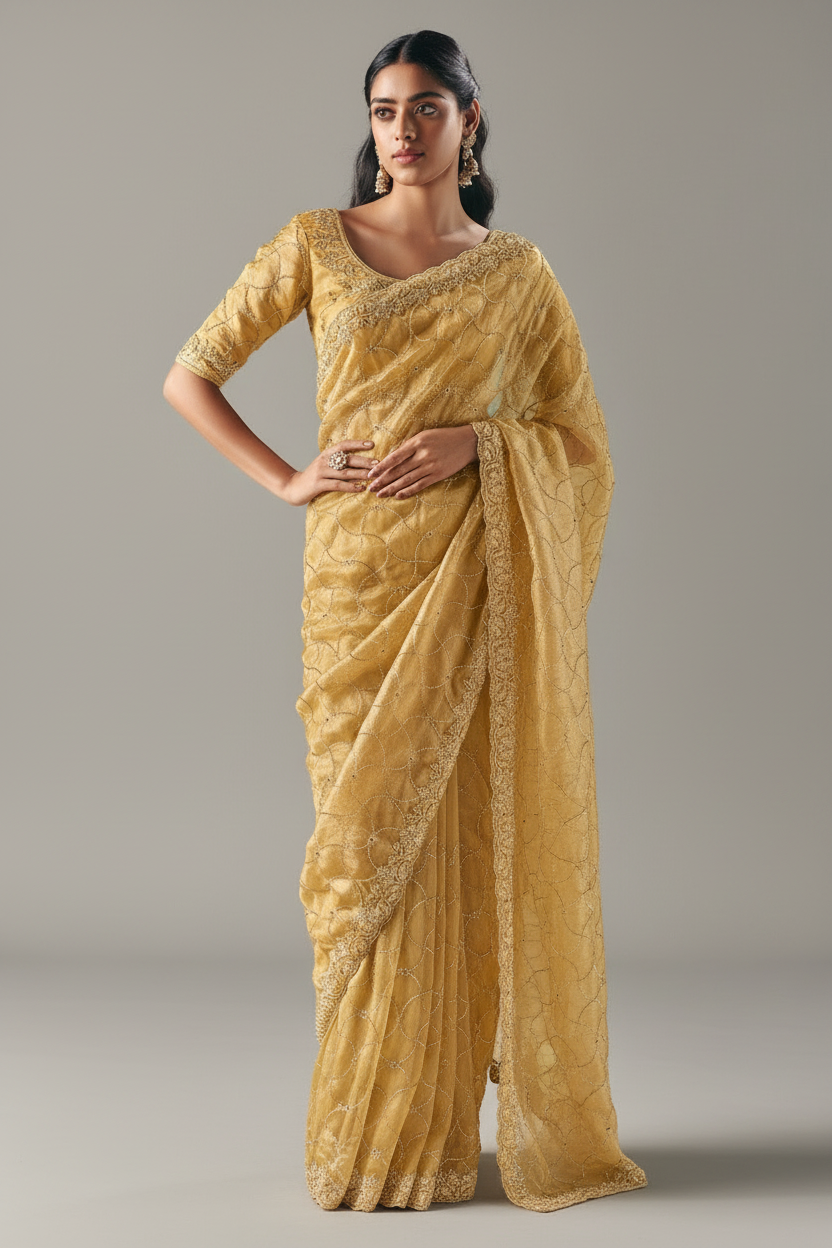 Golden Organza Tissue Saree with Sequin Beaded Motif - gold organza saree