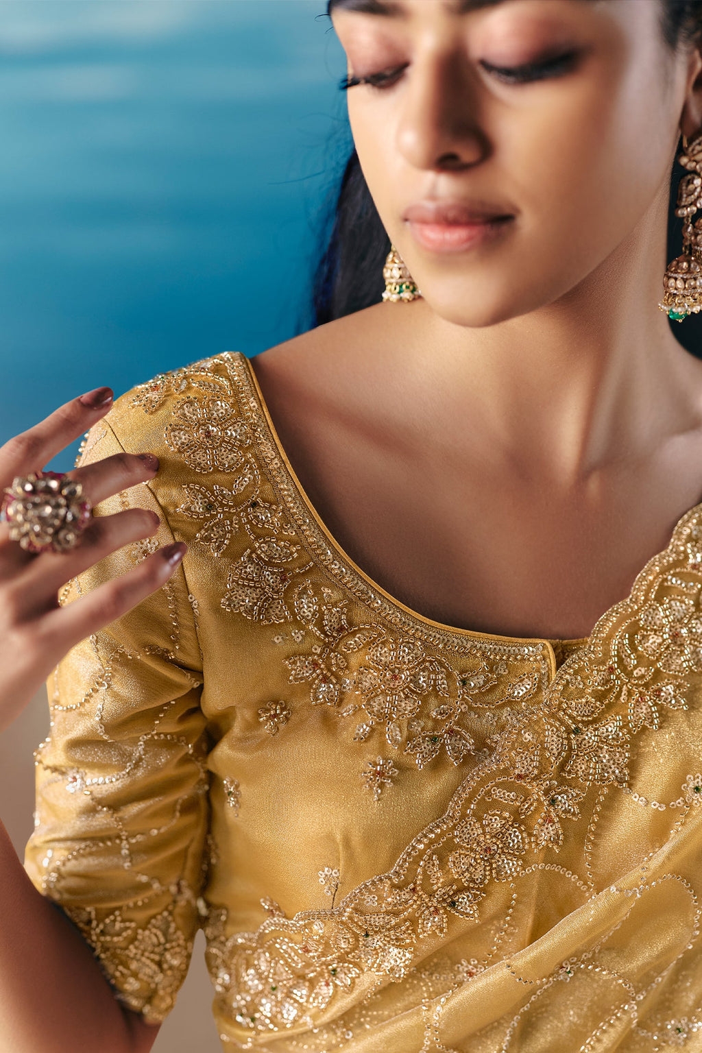 Golden Organza Tissue Saree with Sequin Beaded Motif - gold organza saree