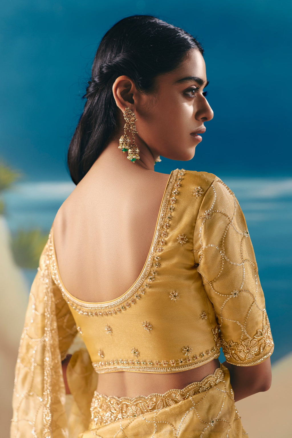 Golden Organza Tissue Saree with Sequin Beaded Motif - gold organza saree