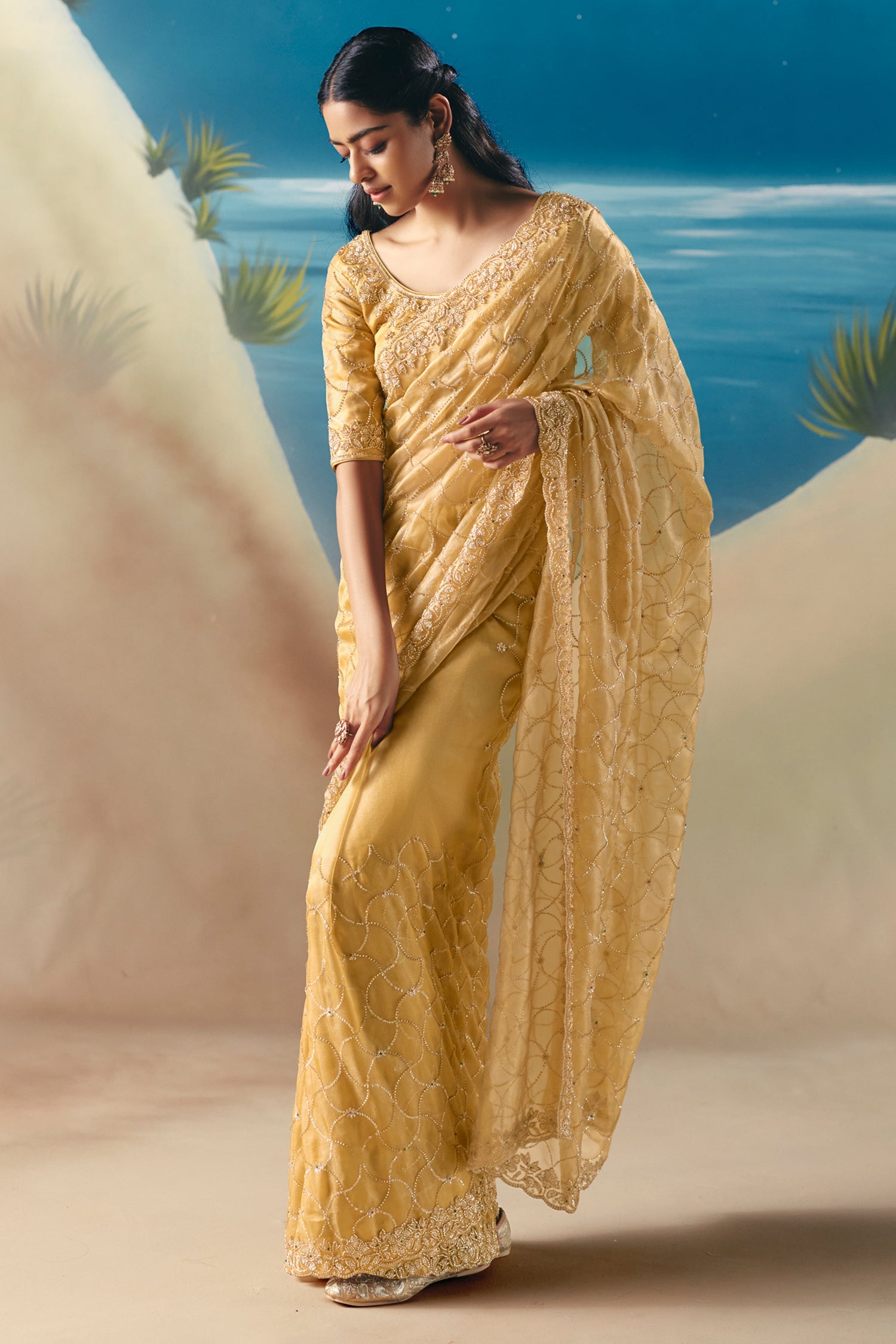 Golden Organza Tissue Saree with Sequin Beaded Motif - gold organza saree