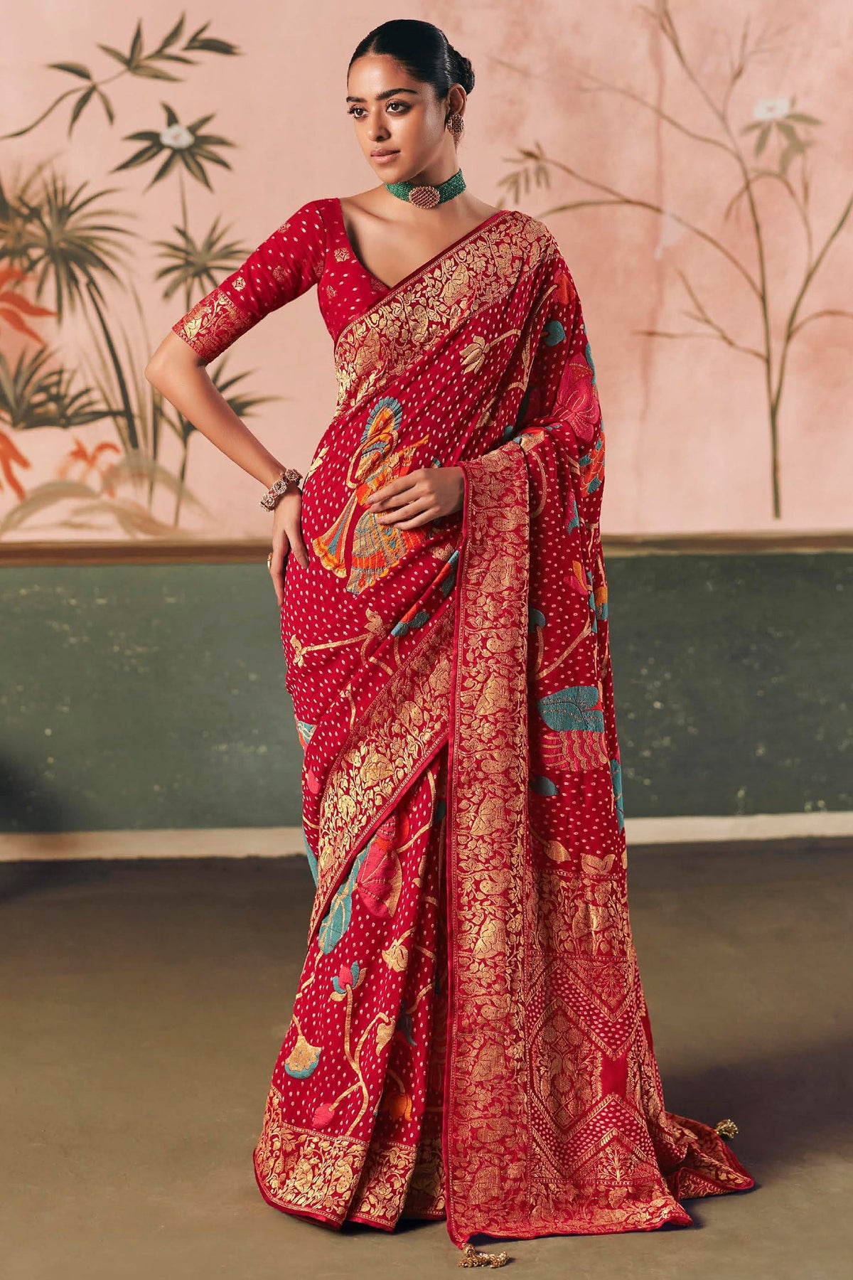 Dark Red Georgette Traditional Bandhej Weaving Saree - red georgette saree bandhej