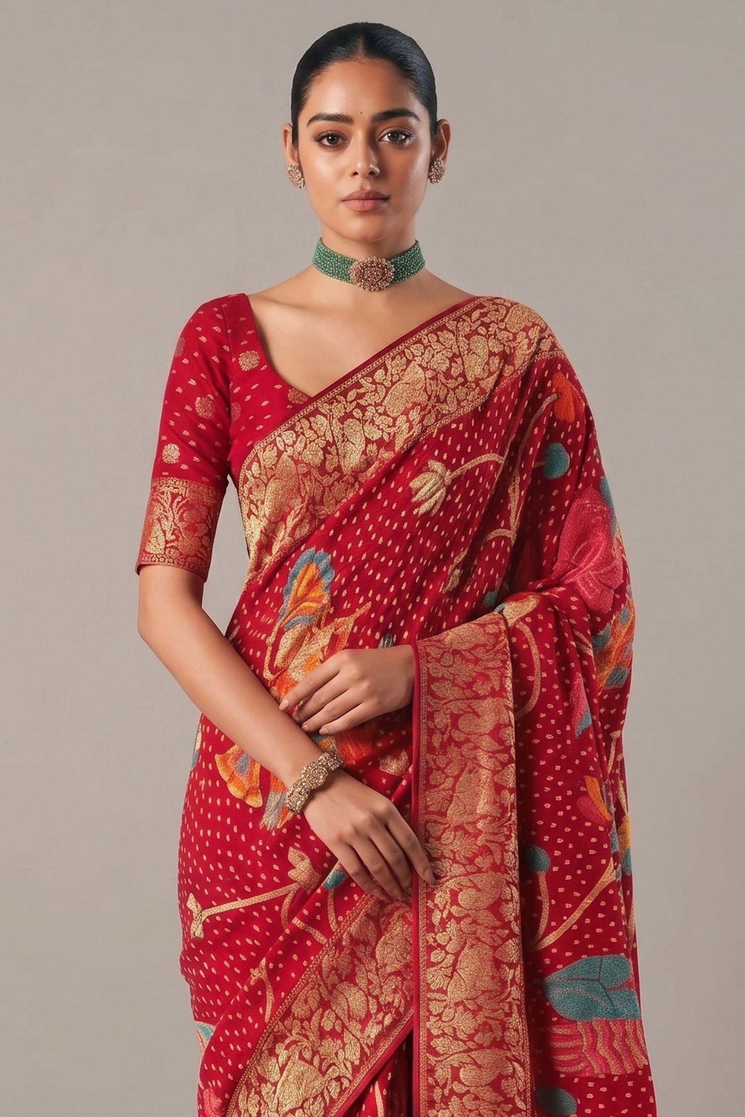 Dark Red Georgette Traditional Bandhej Weaving Saree - red georgette saree bandhej