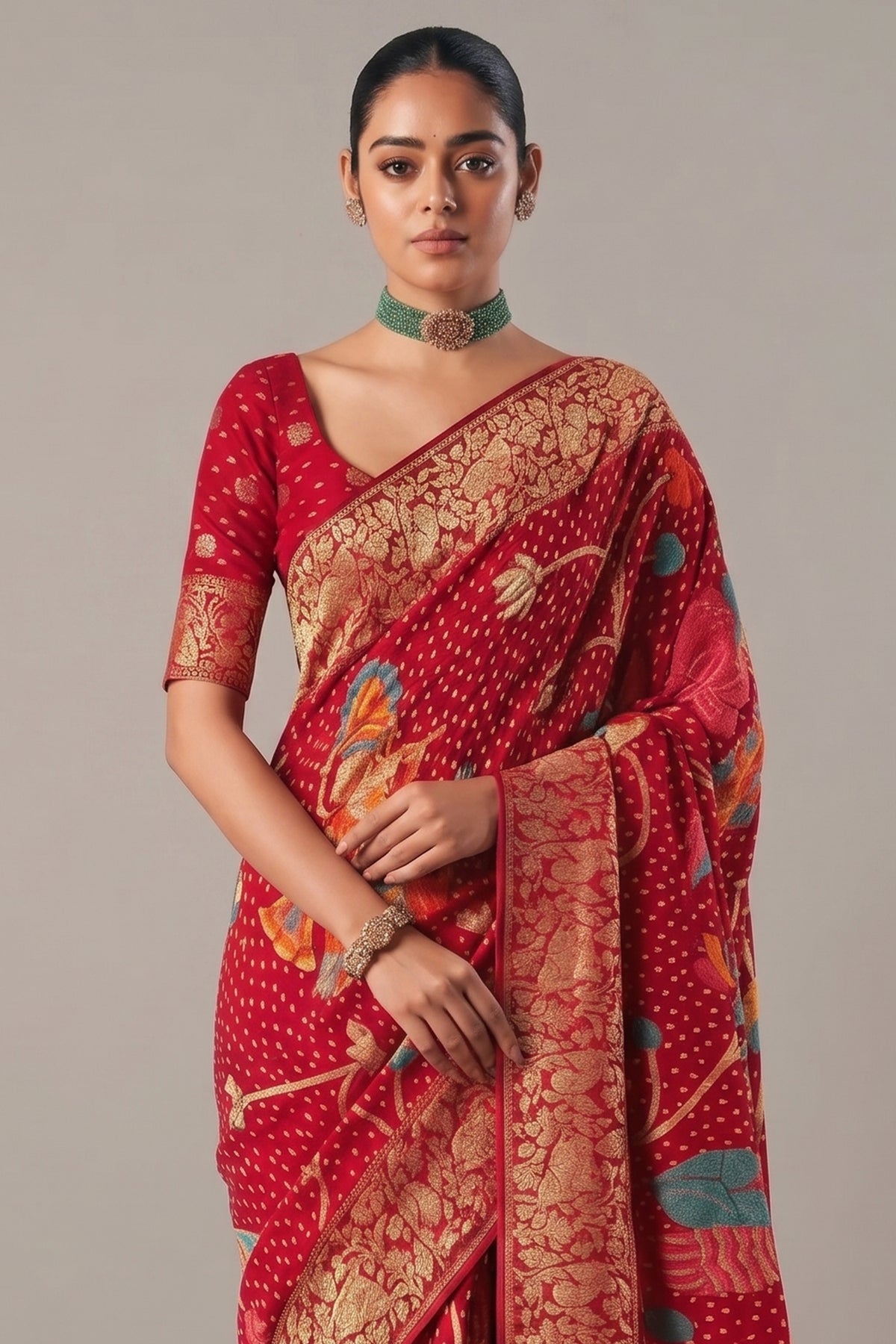 Dark Red Georgette Traditional Bandhej Weaving Saree - red georgette saree bandhej
