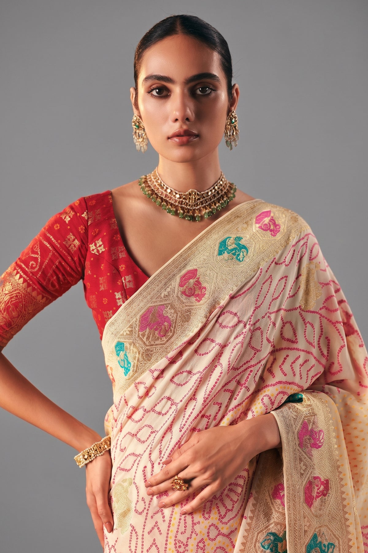 Off White Georgette Traditional Bandhej Weaving Saree - white georgette saree bandhej