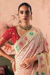 Off White Georgette Traditional Bandhej Weaving Saree