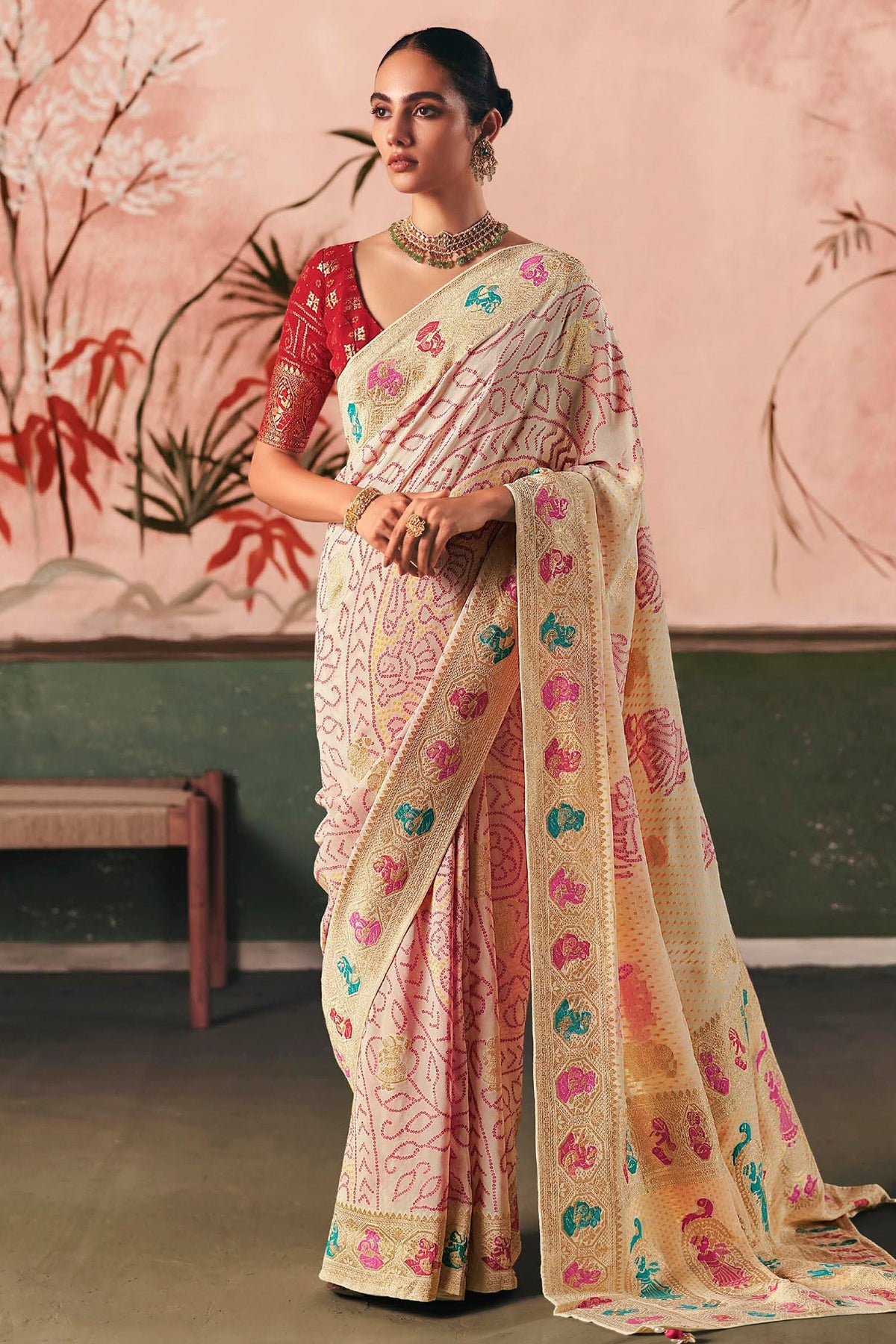 Off White Georgette Traditional Bandhej Weaving Saree - white georgette saree bandhej