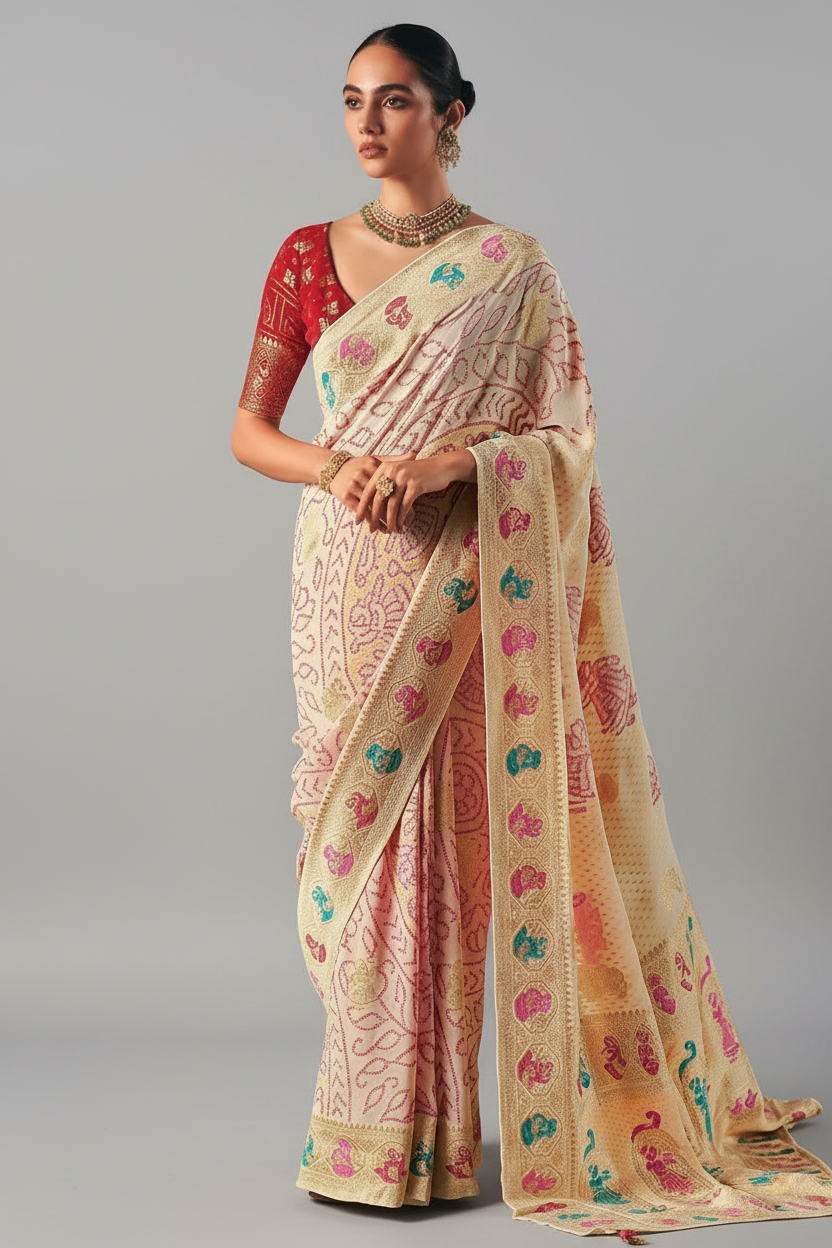 Off White Georgette Traditional Bandhej Weaving Saree