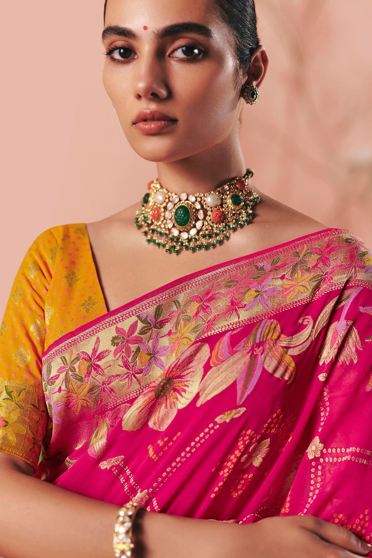 Dark Pink Georgette Traditional Bandhej Weaving Saree - pink georgette saree bandhej