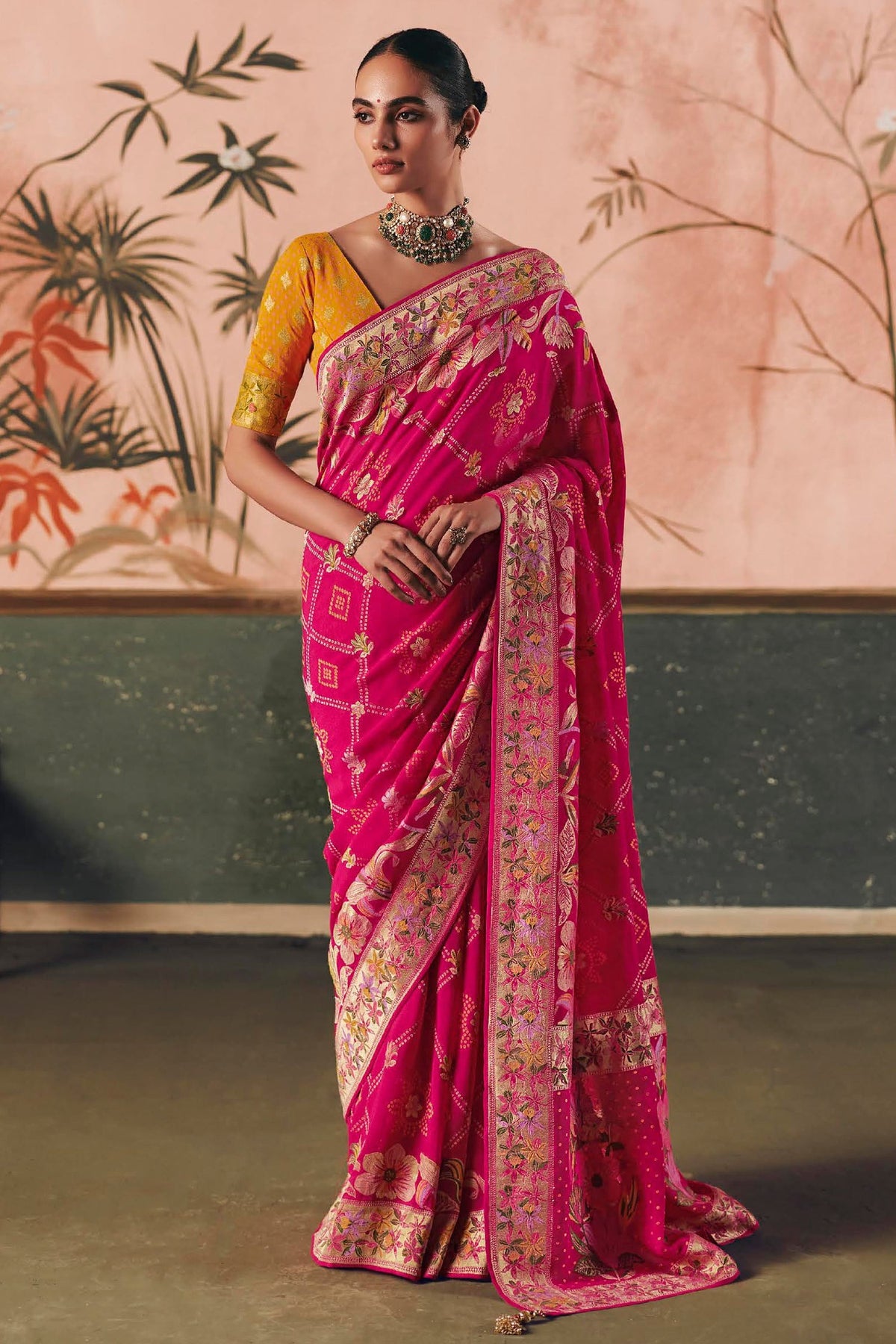 Dark Pink Georgette Traditional Bandhej Weaving Saree - pink georgette saree bandhej