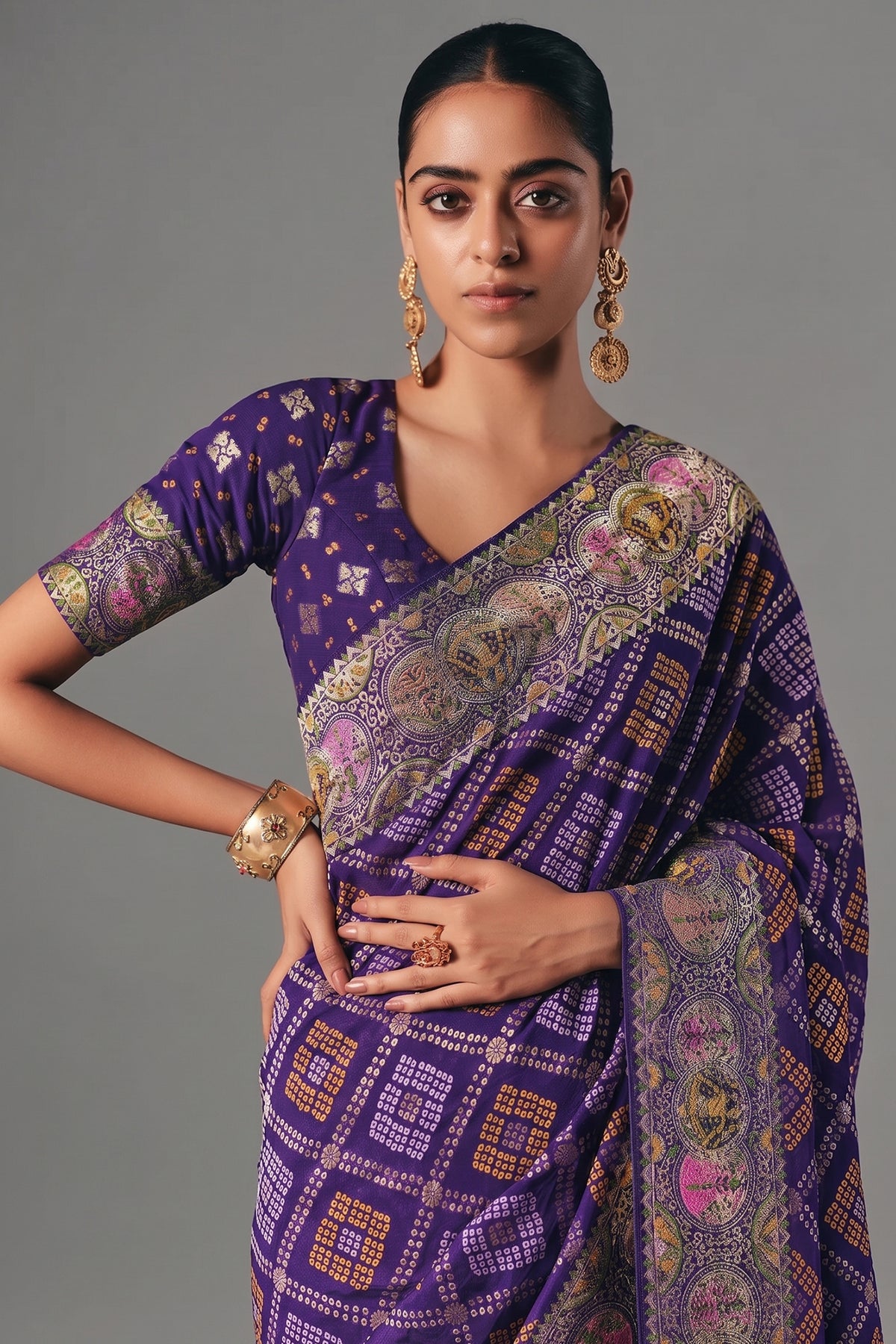 Indigo Purple Checks Georgette Traditional Bandhej Weaving Saree - indigo georgette saree bandhej