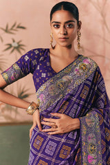 Indigo Purple Checks Georgette Traditional Bandhej Weaving Saree