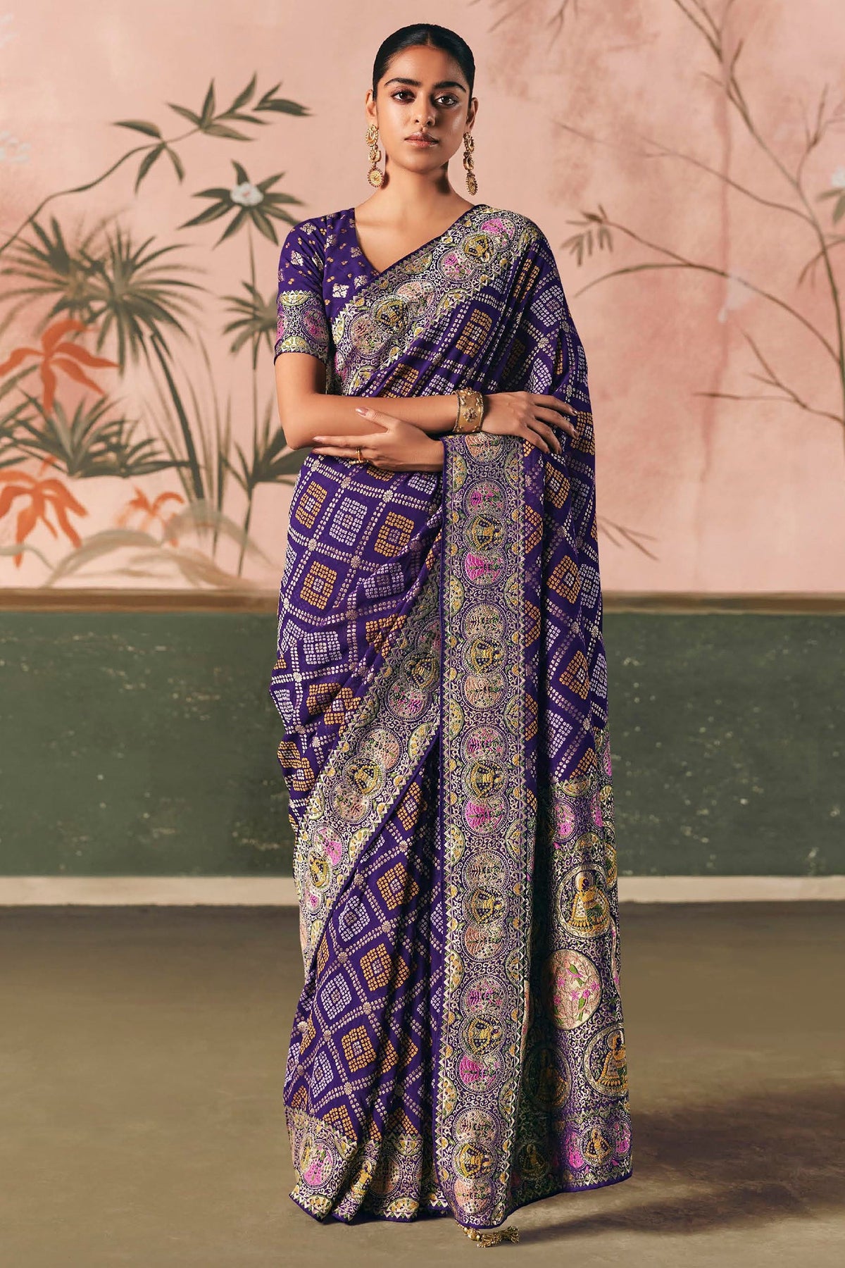 Indigo Purple Checks Georgette Traditional Bandhej Weaving Saree - indigo georgette saree bandhej