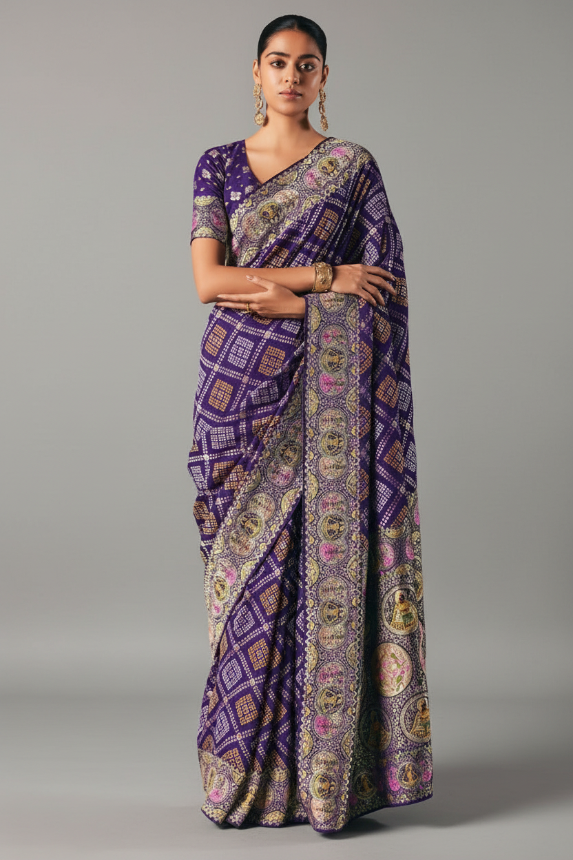 Indigo Purple Checks Georgette Traditional Bandhej Weaving Saree