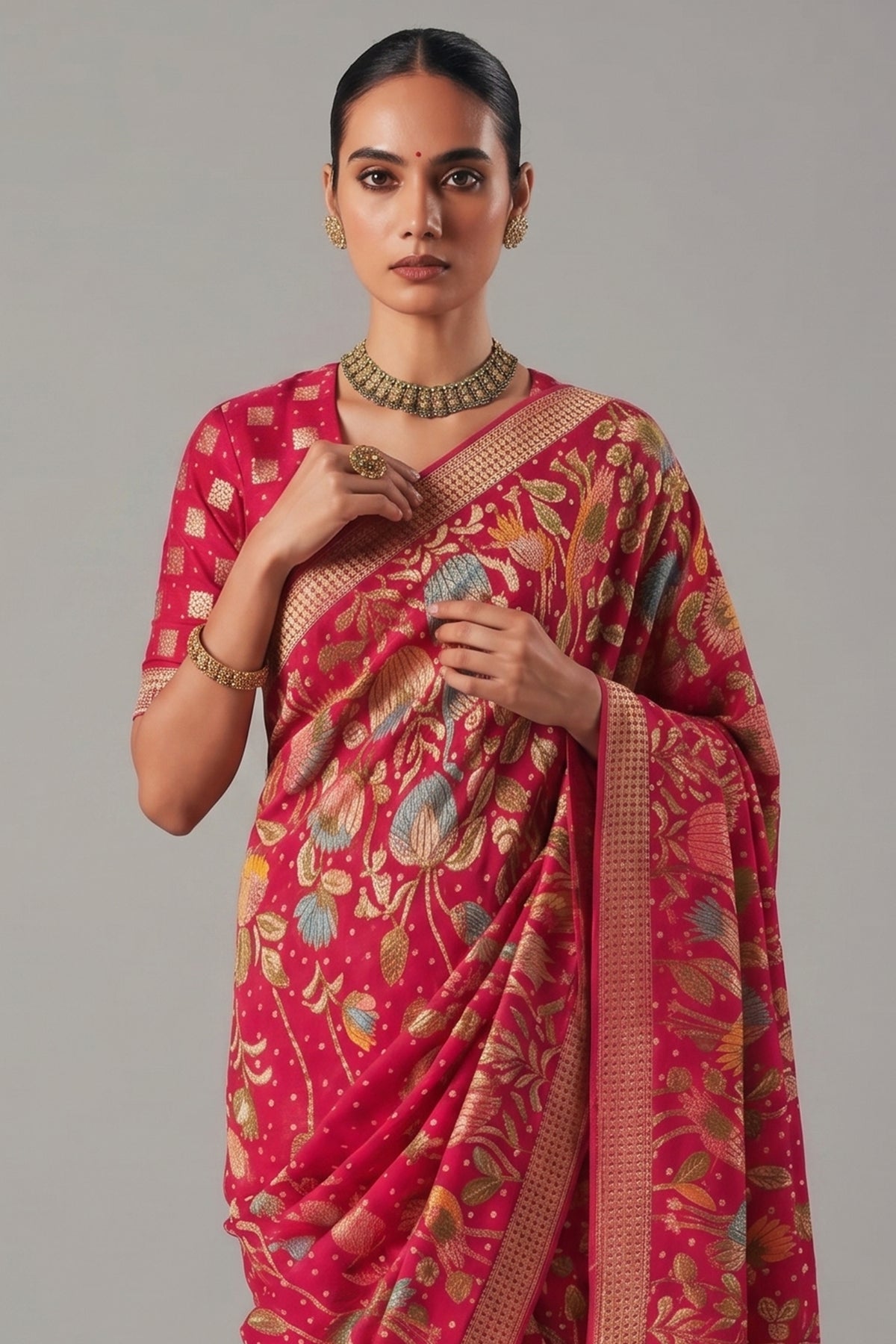 Pink Georgette Traditional Floral Motif Bandhej Saree - pink georgette saree bandhej